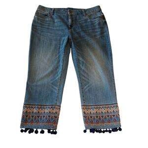 So Slimming Pom-Pom Embroidery Girlfriend Blue Women's Jeans EUC 14 Chico's 2.5